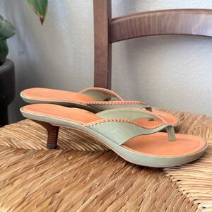 Y2K Cole Haan Womens Sage Green Orange Leather Kitten Heel Thong Sandals 9 B